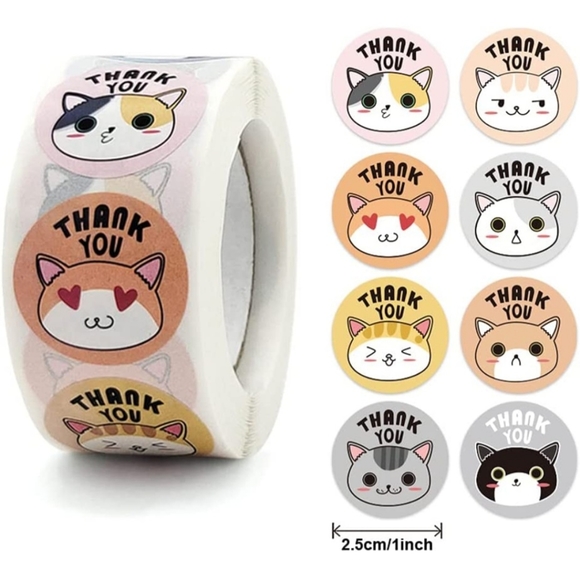 100 THANK YOU Stickers 8 Cat Designs 1" - Picture 2 of 6